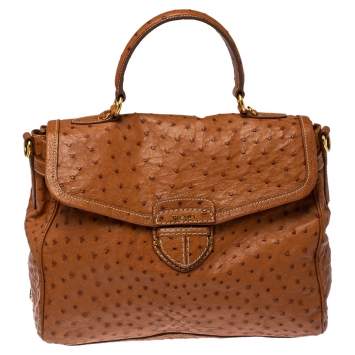 Pre Owned Prada Cognac Struzzo Ostrich Pushlock Flap Top Handle Bag