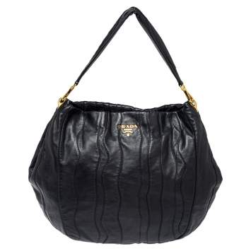 Pre Owned Prada Black Stripes Leather Hobo