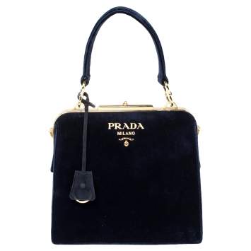 Pre Owned Prada Navy Blue Velvet Frame Top Handle Bag