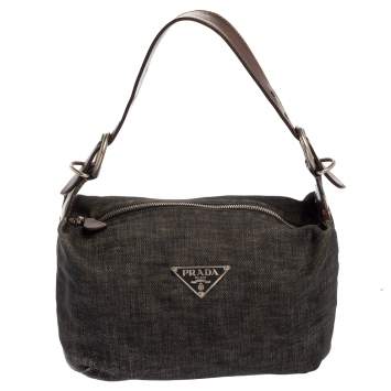 Pre Owned Prada Black Denim and Leather Zip Hobo