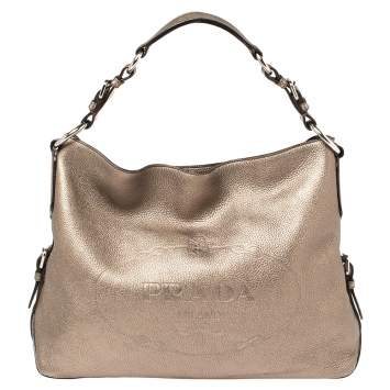 Pre Owned Prada Metallic Vitello Grain Leather Logo Embossed Hobo