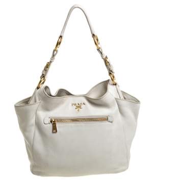 Pre Owned Prada White Vitello Daino Leather Front Zip Hobo