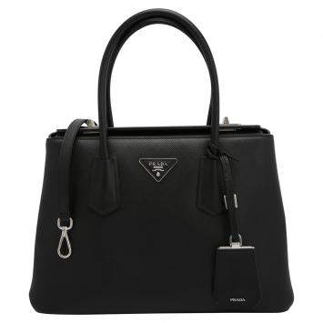 Pre Owned Prada Black Leather Saffiano Galleria Double Flap Tote Bag