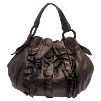 مملوكة مسبقًا Prada Metallic Dark Brown Leather Ruffle Hobo