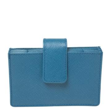Pre Owned Prada Blue Saffiano Oro Leather Accordion Card Holder