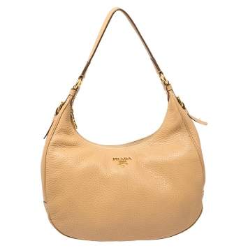 Pre Owned Prada Beige Vitello Daino Leather Zip Top Hobo