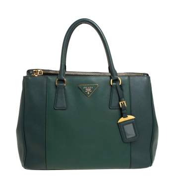 Pre Owned Prada Green Bicolor Saffiano Lux Leather Medium Galleria Tote