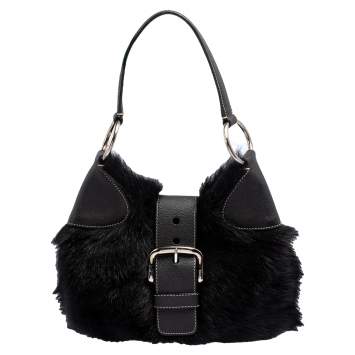 مملوكة مسبقًا Prada Black Sheep Fur and Leather Buckle Flap Hobo 