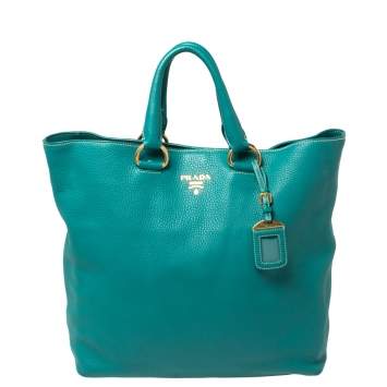 Pre Owned Prada Teal Green Vitello Daino Leather Shopping Tote 