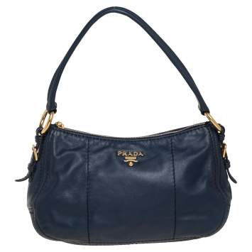Pre Owned Prada Navy Blue Leather Zip Top Hobo