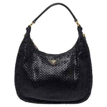 Pre Owned Prada Black Woven Leather Madras Hobo