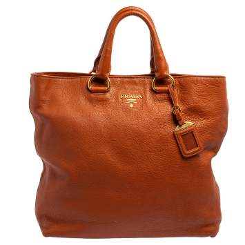 Pre Owned Prada Orange Vitello Daino Leather Shopping Tote 