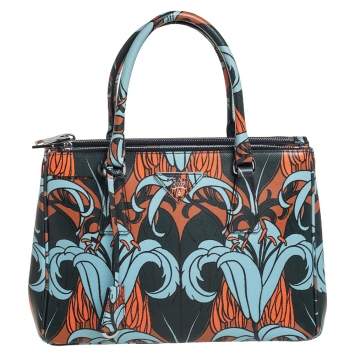 Pre Owned Prada Multicolor Lily Print Saffiano Leather Small Galleria Tote