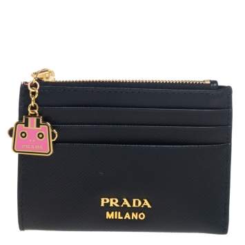 Pre Owned Prada Black Saffiano Lux Leather Zip Card Holder