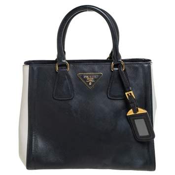 Pre Owned Prada White/Black Saffiano Leather Gardener's Tote