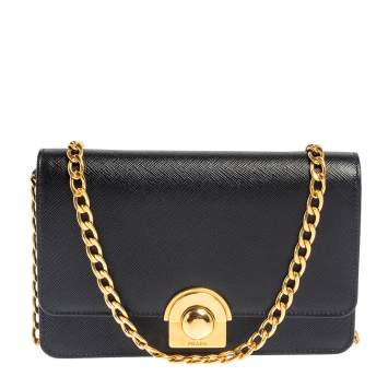 Pre Owned Prada Black Saffiano Leather Arcade Wallet on Chain