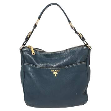 مملوكة مسبقًا Prada Navy Blue Vitello Daino Leather Front Pocket Hobo