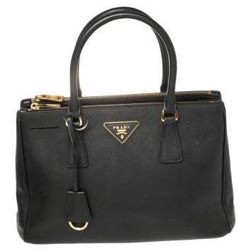 Pre Owned Prada Black Saffiano Leather Small Galleria Double Zip Tote