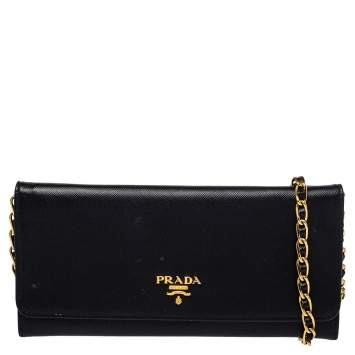Pre Owned Prada Black Saffiano Lux Leather Wallet on Chain
