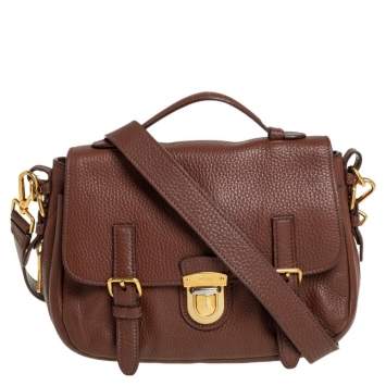 Pre Owned Prada Brown Leather Pushlock Flap Top Handle Bag 
