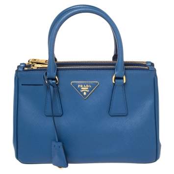 Pre Owned Prada Blue Saffiano Lux Leather Mini Galleria Double Zip Tote