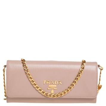 Pre Owned Prada Nude Vitello Move Leather Leather Wallet On Chain