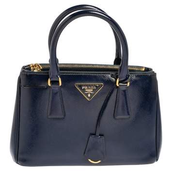 Pre Owned Prada Navy Blue Saffiano Vernice Leather Mini Galleria Double Zip Tote