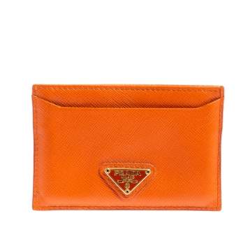 Pre Owned Prada Orange Saffiano Lux Leather Card Holder