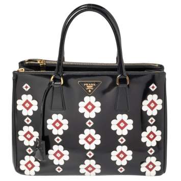 Pre Owned Prada Black Spazzolato Leather Medium Flowers Galleria Tote