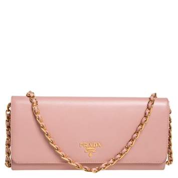 Pre Owned Prada Pink Saffiano Lux Leather Wallet on Chain