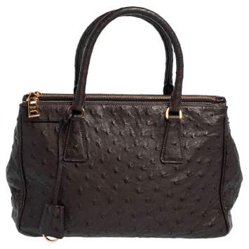 Pre Owned Prada Dark Brown Ostrich Small Galleria Tote