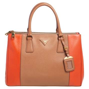 Pre Owned Prada Orange/Beige Saffiano Lux Leather Medium Galleria Tote