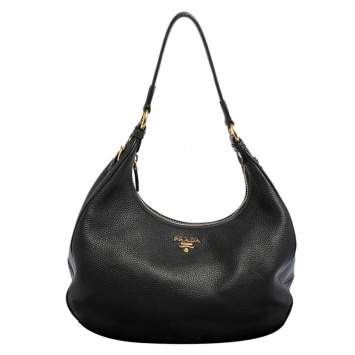 Pre Owned Prada Black Vitello Daino Leather Zip Top Hobo