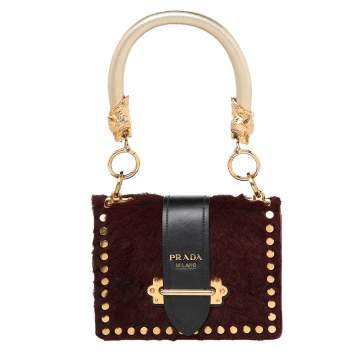 Pre Owned Prada Burgundy/Black Calf Hair And Leather Studded Cahier Top Handle Bag