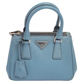 Pre Owned Prada Light Blue Saffiano Leather Mini Galleria Double Zip Tote