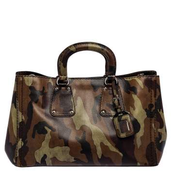 Pre Owned Prada Green Camouflage Leather Spazzolato Shopper Tote