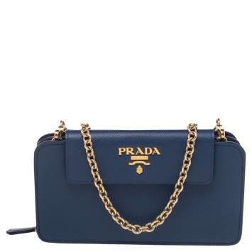 Pre Owned Prada Blue Saffiano Leather Metal Oral Phone Wallet On Chain