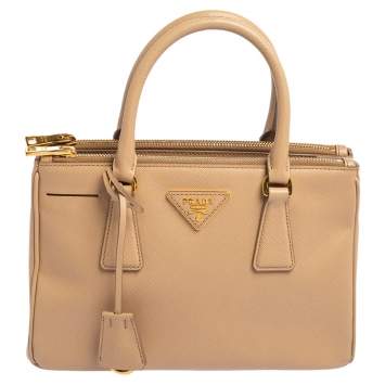 Pre Owned Prada Beige Saffiano Lux Leather Mini Galleria Double Zip Tote