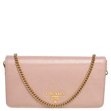 Pre Owned Prada Beige Vitello Move Leather Wallet On Chain