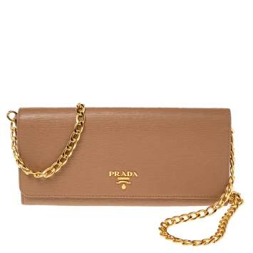 Pre Owned Prada Caramel Vitello Move Leather Leather Wallet On Chain