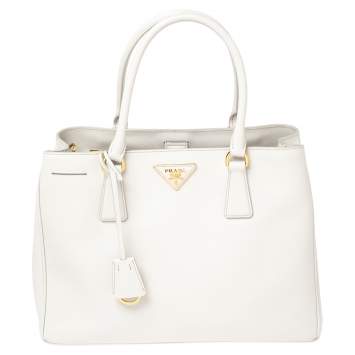 Pre Owned Prada White Saffiano Lux Leather Medium Open Tote