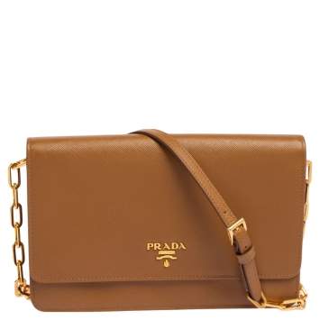Pre Owned Prada Brown Saffiano Leather Wallet On Chain