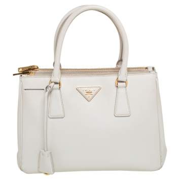 Pre Owned Prada White Saffiano Lux Leather Small Galleria Double Zip Tote