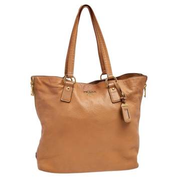 Pre Owned Prada Tan Cervo Leather Side Zip Shopper Tote