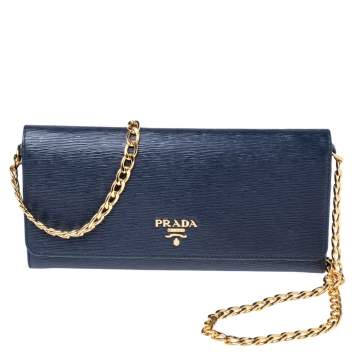Pre Owned Prada Navy Blue Vitello Move Leather Wallet on Chain