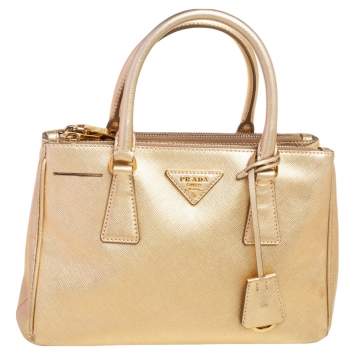 Pre Owned Prada Metallic Gold Saffiano Lux Leather Small Galleria Double Zip Tote