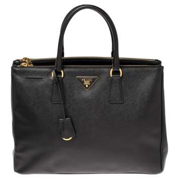 Pre Owned Prada Black Saffiano Lux Leather Large Galleria Double Zip Tote