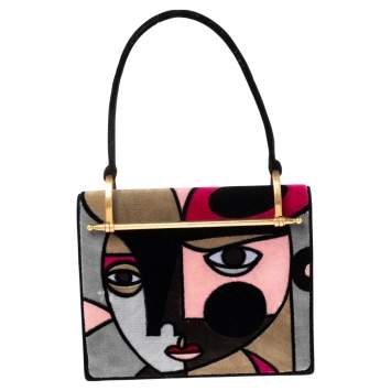 Pre Owned Prada Multicolor Velvet Patchwork Lisolette Watkins Face Print Top Handle Bag 