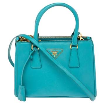 Pre Owned Prada Turquoise Saffiano Lux Leather Small Galleria Double Zip Tote