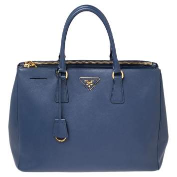 Pre Owned Prada Blue Saffiano Leather Large Galleria Double Zip Tote